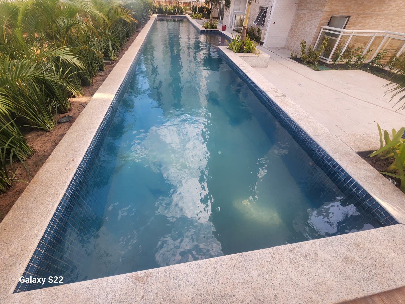 Piscina retangular com pastilha escura e paisagismo tropical